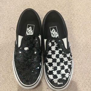 Black/ Black and White Checkered Sequin Vans